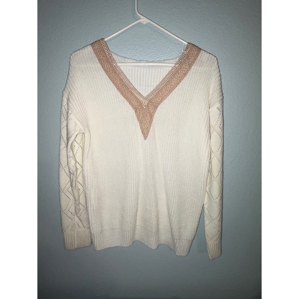 Cream V-Neck Knit Sweater with Rose Gold Metallic Trim and Pointelle Sleeves